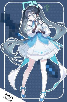 1girl absurdres ankry aqua_eyes aqua_halo aris_(blue_archive) blue_archive bridal_gauntlets closed_mouth commentary_request detached_sleeves dress full_body hair_between_eyes halo highres long_hair long_hair_between_eyes long_sleeves looking_at_viewer pantyhose rectangular_halo sleeveless sleeveless_dress smile solo twintails very_long_hair white_dress white_pantyhose