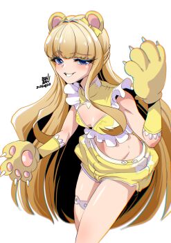 1girl animal_ears animal_hands bear_ears blonde_hair blue_eyes blunt_bangs blush breasts cleavage cowboy_shot detached_sleeves flat_chest frills gloves highres hip_bones ikaika0326 light_blush magia_sulfur mahou_shoujo_ni_akogarete midriff navel official_alternate_costume paw_gloves short_shorts shorts signature simple_background small_breasts smile solo teeth tenkawa_kaoruko thigh_strap thighs white_background yellow_footwear