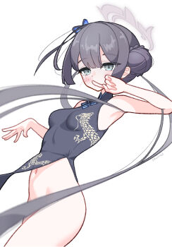 1girl absurdres blue_archive blue_eyes blue_hair blush breasts butterfly_hair_ornament chinese_clothes convenient_censoring cowboy_shot double_bun dress hair_bun hair_ornament halo highres index_finger_raised kisaki_(blue_archive) long_hair looking_at_viewer medium_breasts navel no_panties s9uirrel solo twintails white_background