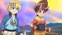 2boys ace_(dinosaur_king) animated anime_screenshot blonde_hair blue_eyes brown_hair dinosaur_king earthquake eruption gabu_(dinosaur_king) highres kodai_ryuuta lava multiple_boys purple_eyes rex_owen sound video volcano