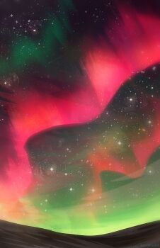 analogous_colors artist_name aurora blurry_edges color_contrast glowing green_sky mountaintop night no_humans original outdoors scenery signature sky sky_focus snow star_(sky) starry_sky valley zandra