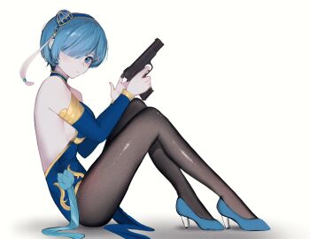 aoui bare_shoulders blue_boots blue_eyes blue_hair boots commentary commission english_commentary gun hair_ornament highres holding holding_gun holding_weapon looking_at_viewer medium_hair pantyhose re:zero_kara_hajimeru_isekai_seikatsu rem_(re:zero) weapon white_background