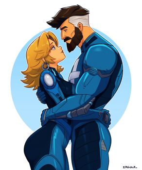 Rule 34 | 1boy, 1girl, blonde hair, blue bodysuit, bodysuit, brown hair, couple, earrings, eye contact, facial hair, fantastic four, grey hair, height difference, highres, hoop earrings, husband and wife, jewelry, looking at another, looking down, looking up, marvel, marvel rivals, medium hair, multicolored bodysuit, multicolored hair, mustache, official alternate color, official alternate costume, reed richards, smgold, sue storm, two-tone bodysuit, two-tone hair