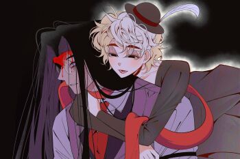 1boy 1girl black_dress black_eyes black_hair blonde_hair blood blood_on_face collarbone collared_shirt commentary dress english_commentary glasses grey_hat grey_vest hat hazbin_hotel hellaverse highres hug hug_from_behind long_hair neckerchief parted_lips red_neckerchief red_scarf round_eyewear scarf shirt short_hair sir_pentious smile tears vest white_shirt yp_katelove