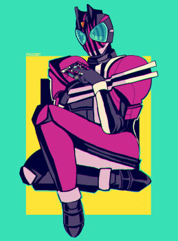 Rule 34 | 1boy, 2018, armor, artist name, bad id, bad tumblr id, barcode, between fingers, card, card between fingers, crossed legs, green eyes, helmet, holding, holding card, kamen rider, kamen rider dcd, kamen rider decade, magenta armor, male focus, mask, masked, masked male, pink armor, puzzlebot, sitting, square background