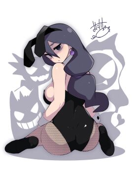 ass breasts hex_maniac_(pokemon) hex_maniac_(pokemon_xy) high_heels highres looking_at_viewer looking_back mature_female nintendo playboy_bunny pokemon pokemon_xy rabbit_ears thick_thighs thighs