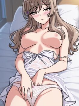 1girl blush breasts brown_eyes brown_hair camisole camisole_pull closed_mouth clothes_pull collarbone commentary_request cowboy_shot crotch_seam female_masturbation highres large_breasts long_hair lying masturbation nipples no_pants on_back on_bed panties parted_lips pillow sena_ajisai solo swept_bangs underwear watashi_ga_koibito_ni_nareru_wake_naijan_murimuri! white_camisole white_panties wtsino