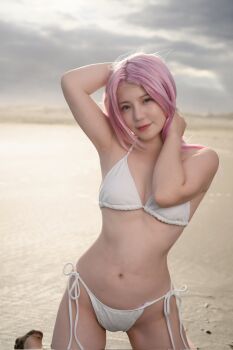 1girl bikini breasts cloud cloudy_sky cosplay cosplay_photo dead_or_alive dead_or_alive_xtreme dead_or_alive_xtreme_venus_vacation elise_(doa) elise_(doa)_(cosplay) highres long_hair looking_at_viewer mizu_mame photo_(medium) pink_hair real_life sand sky swimsuit white_bikini