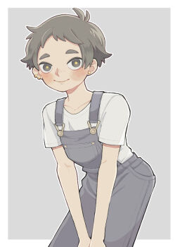 Rule 34 | antenna hair, blush, border, check gender, chiita k, closed mouth, commentary request, ear piercing, earrings, freckles, gender request, grey background, grey eyes, grey hair, grey overalls, jewelry, original, outline, overalls, piercing, shirt, short hair, short sleeves, simple background, solo, thick eyebrows, very short hair, white border, white outline, white shirt, yellow pupils