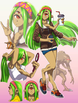 1girl alien armpits bare_legs breasts burger_king cellphone collarbone commentary cup drinking_straw earbuds earphones extra_arms extra_eyes fewer_digits full_body gradient_background green_hair hair_ornament hair_scrunchie hairband half-life half-life_(series) hand_mirror highres holding holding_cup holding_phone jacket long_hair looking_at_viewer medium_breasts mirror monster_girl multiple_views phone pink_background red_eyes scrunchie shoes shorts simple_background smartphone smile sneakers substance20 very_long_hair vortigaunt white_background