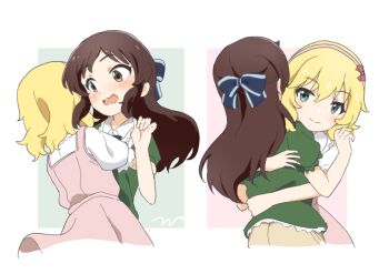 2girls aayh blonde_hair blue_bow blush bow brown_eyes brown_hair brown_skirt closed_mouth collared_shirt commentary_request dress green_shirt hair_bow hairband hug idolmaster idolmaster_cinderella_girls idolmaster_cinderella_girls_u149 long_hair multiple_girls open_mouth pink_dress pink_hairband puffy_short_sleeves puffy_sleeves sakurai_momoka shirt short_sleeves signature skirt sleeveless sleeveless_dress smile tachibana_arisu very_long_hair wavy_mouth white_shirt yuri