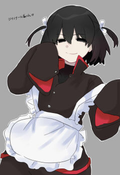 1boy absurdres alternate_costume androgynous apron black_eyes black_jacket black_pants bob_cut bow closed_mouth empty_eyes enmaided frilled_apron frills gakuran grey_background hair_between_eyes hair_bow hair_ribbon highres jacket long_sleeves looking_at_viewer maid mandarin_collar monogatari_(series) naoetsu_high_school_uniform narrowed_eyes oshino_ougi outline pale_skin pants red_trim ribbon school_uniform short_hair sleeves_past_fingers sleeves_past_wrists smile solo standing translated tsugumi_(tgm_615486) two-sided_fabric two_side_up upper_body waist_apron white_apron white_bow white_outline white_ribbon