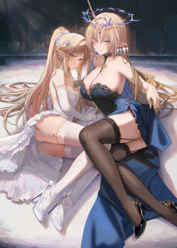 2girls alternate_costume alternate_hairstyle ass bare_shoulders black_garter_straps black_shoes black_thighhighs blonde_hair blue_dress blue_eyes blue_hair blush breasts cartethyia_(wuthering_waves) cleavage closed_mouth colored_inner_hair commentary_request crown_of_thorns dress dual_persona earrings elbow_gloves fingernails fleur-de-lis fleurdelys_(wuthering_waves) floating_earrings flower_hairpin garter_straps gloves hair_ornament high_heels highres horns jewelry lace lace-trimmed_thighhighs lace_trim large_breasts long_hair long_horns looking_at_viewer lying medium_breasts multicolored_hair multiple_earrings multiple_girls on_side paid_reward_available parted_bangs partial_commentary pointy_ears ponytail ru_zhai shoes single_horn smile tacet_mark_(wuthering_waves) thighhighs thighs very_long_hair white_dress white_garter_straps white_gloves white_shoes white_thighhighs wuthering_waves yellow_horns