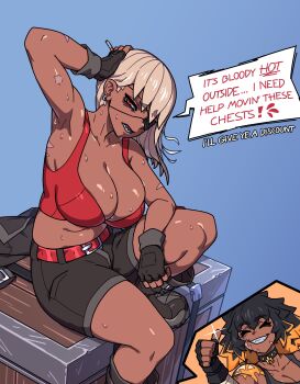 2girls absurdres aniwars arm_up armpits belt black_hair blonde_hair blue_background boots breasts cigarette cleavage commentary crate dark-skinned_female dark_skin earrings english_commentary english_text eyepatch fingerless_gloves gloves grin hand_on_own_head hellhound_(aniwars) highres holding holding_cigarette jewelry large_breasts long_hair midriff multiple_girls multiple_scars ponaners reaction_inset red_eyes scar sharp_teeth shopkeeper_(aniwars) shorts simple_background sitting smile speech_bubble sports_bra sweat teeth thumbs_up