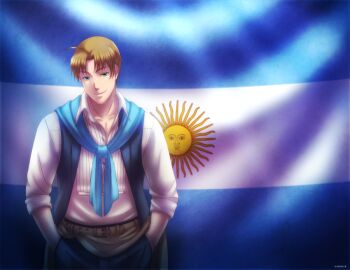 1boy ahoge argentina_(hetalia) argentinian_flag artist_name axis_powers_hetalia blonde_hair blue_eyes flag kuraudia male_focus solo