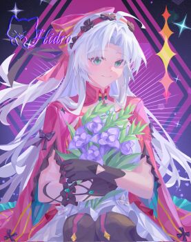 1girl ahoge aqua_eyes artist_logo black_gloves bouquet bow carlotta_(wuthering_waves) closed_mouth commentary commission dress flower gloves grey_hair hair_bow hairband highres holding holding_bouquet jacket logo long_hair looking_at_viewer lucas_(lucasng29949052) pink_bow pink_hairband pink_jacket sitting smile solo striped_bow white_dress wuthering_waves