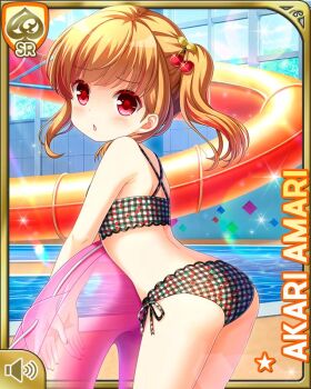 1girl :o amari_akari ass barefoot bikini black_bikini brown_hair card_(medium) character_name checkered_bikini checkered_clothes girlfriend_(kari) indoor_pool indoors innertube nail_polish navel official_art open_mouth pool poolside qp:flapper red_eyes solo standing swim_ring swimsuit tagme