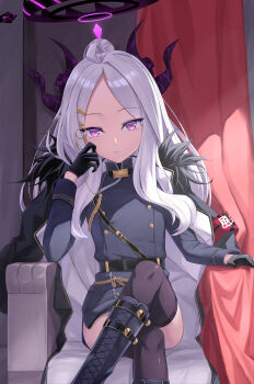 1girl absurdres ahoge armband belt black_belt black_coat black_footwear black_gloves black_halo black_skirt black_thighhighs blue_archive blush chair closed_mouth coat coat_on_shoulders commentary demon_girl demon_horns flat_chest gloves hair_ornament hairclip halo highres hina_(blue_archive) horns leeshin0919 looking_at_viewer on_chair purple_eyes red_armband skirt solo thighhighs thighs white_hair