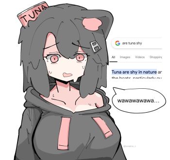Rule 34 | 1girl, animal ears, black hair, black hoodie, breasts, can pull tab, cat ears, commentary, english commentary, english text, highres, hood, hoodie, huge breasts, melting, off shoulder, original, pink eyes, raised inner eyebrows, single animal ear, solo, sweat, tuna (tunaplus c), tunaplus c, twitter username, upper body