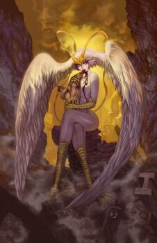 1girl 2018 absurdres antennae artist_name blood blood_trail breasts claws crossed_legs dated debris devilman eating elsevilla female_focus full_body guro hard_vore head_wings highres looking_at_viewer monster_girl nipples on_rock outdoors pale_skin pink_eyes rock sharp_teeth sirene_(devilman) sitting sky slit_pupils smoke solo talons teeth torso white_hair wings yellow_sky