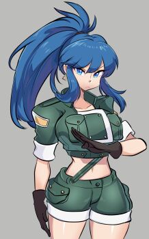 1girl absurdres blue_eyes blue_hair breasts curvy earrings female_focus gloves highres jewelry large_breasts leather leona_heidern long_hair looking_at_viewer midriff military missandydandy navel pale_skin ponytail shorts snk solo source_request standing the_king_of_fighters thick_thighs thighs wide_hips