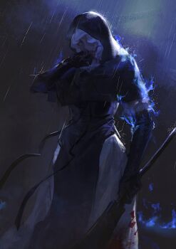 1girl black_capelet black_hood blood blood_on_clothes capelet cowboy_shot elden_ring elden_ring_nightreign flanged_mace highres holding holding_mace holding_weapon mace night nun one_eye_covered outdoors rain red_eyes solo undertaker_(elden_ring) weapon white_coif wiping_mouth yayaziiii
