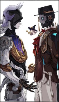 Rule 34 | 1girl, 2boys, absurdres, arms behind back, brown hair, brown vest, chibi, commentary request, extra arms, hat, herta (honkai: star rail), highres, holding, holding key, honkai: star rail, honkai (series), kei (soundcross), key, long hair, looking at another, lygus (honkai: star rail), monocle, multiple boys, pants, purple eyes, robot, screwllum (honkai: star rail), simple background, the herta (honkai: star rail), very long hair, vest, white background, white pants, witch hat