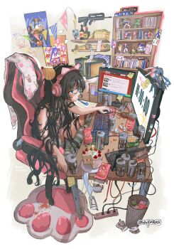 1girl absurdres ahoge akiyama_mio animal_ear_headphones animal_ears animal_print ashtray assault_rifle beer_bottle beer_can birthday_cake black_hair blue_eyes blue_panties bookshelf bug bullpup cake can cat_ear_headphones cat_ears chair chips_(food) cigarette cigarette_butt cirno cockroach computer computer_keyboard computer_mouse countdown_timer drink_can english_text fake_animal_ears famas figure flipped_hair food fuwa_fuwa_cinnamoroll gaming_chair green_thighhighs gun gundam hair_spread_out hakurei_reimu hat hatsune_miku headphones heart hello_kitty hello_kitty_(character) highres hiiragi_kagami hiiragi_tsukasa hinanawi_tenshi hirasawa_yui hololive indoors insect inugami_korone izumi_konata k-on! kotobuki_tsumugi laptop light_blush liveleak long_hair lucky_star messy_hair microwave model_kit monitor nekomata_okayu original outline panties party_hat paw_print pink_shirt pocky poster_(object) power_strip print_towel profanity profile rabbit_print rifle rug sanrio shirt sidelocks sitting solo sticker sticky_note straight_hair striped_clothes striped_panties striped_thighhighs swivel_chair tainaka_ritsu takara_miyuki tank_top thighhighs tongue tongue_out touhou towel trash_can twitter_username underwear unworn_panties used_tissue very_long_hair virtual_youtuber vocaloid weapon white_outline white_panties white_thighhighs wwparasi x_x
