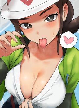 1girl absurdres bra bra_peek breasts brown_hair cleavage clothes_pull fellatio_gesture grey_eyes harmony_(pokemon) hat heart highres i_b_(yaun2242) looking_at_viewer medium_breasts nintendo pokemon pokemon_legends:_z-a pulling_own_clothes saliva shirt_pull solo spoken_heart sweat tongue tongue_out underwear upper_body white_hat