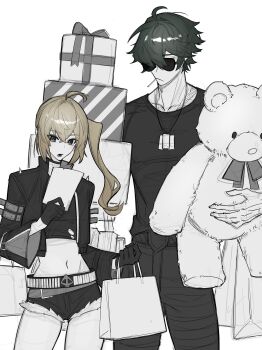 1boy 1girl arm_belt bag bf2xuec6ow98466 black_gloves black_jacket black_pants black_shirt blonde_hair box choker closed_mouth collarbone crop_top dog_tags fur-trimmed_shorts fur_trim gift gift_box gloves green_hair highres holding holding_bag holding_box holding_gift holding_stuffed_toy jacket lighter_(zenless_zone_zero) long_hair luciana_de_montefio micro_shorts midriff multiple_scars muscular muscular_male navel note open_mouth pants scar scar_on_hand scar_on_shoulder shirt shopping shopping_bag short_hair shorts side_ponytail spiked_jacket stomach stuffed_animal stuffed_toy sunglasses teddy_bear toothpick torn_clothes torn_shirt white_background zenless_zone_zero