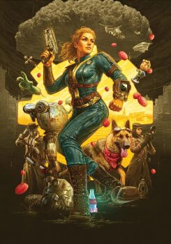 1boy 2girls aircraft android armor bandana belt black_necktie blonde_hair blood blood_on_face boots bottle_cap brown_boots camera cityscape clenched_hand coat cogsworth cowboy_hat dog dogmeat fallout fallout_4 fedora gas_station gears glowing goggles goggles_on_head hat helmet highres holding holding_camera jakekontou lantern looking_to_the_side mister_handy_(fallout) multiple_girls mushroom_cloud necktie newsboy_cap nick_valentine non-humanoid_robot nuka_cola official_art pauldrons pip_boy piper_wright ponytail power_armor_(fallout) red_bandana robot severed_hand shoulder_armor single_pauldron stimpak_(fallout) tongue tongue_out vault_suit vertibird