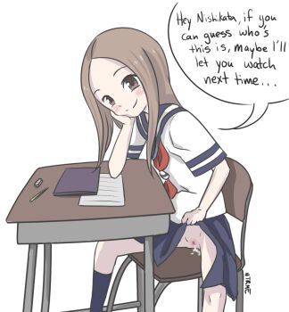 1girl after_vaginal aftersex blush brown_eyes brown_hair cheating_(relationship) clothes_lift cum cum_in_pussy cumdrip desk english_text forehead happy humiliation karakai_jouzu_no_takagi-san kneehighs large_forehead loli looking_at_viewer netorare no_panties ntrme pov pussy school school_desk school_uniform skirt skirt_lift smile smirk smug socks takagi-san teasing text_focus uncensored white_background