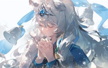 1girl absurdres amukeer animal_ear_fluff animal_ears arknights bell blue_shawl chinese_commentary closed_eyes closed_mouth commentary_request grey_hair hair_between_eyes hair_ornament highres interlocked_fingers light_blush long_hair long_sleeves outdoors own_hands_clasped own_hands_together pramanix_(arknights) pramanix_the_prerita_(arknights) praying shawl snowing solo upper_body watermark