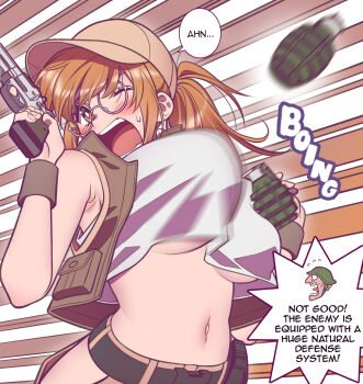 1girl andrian_januar_adilia armpit_crease baseball_cap belt blush breasts brown_eyes brown_hair brown_hat brown_vest commentary crop_top english_commentary english_text explosive fio_germi glasses grenade gun handgun hat highres holding holding_gun holding_weapon large_breasts long_hair metal_slug midriff motion_blur navel one_eye_closed open_mouth ponytail pouch revolver round_eyewear shirt sleeveless sleeveless_shirt speech_bubble sweat underboob upper_body vest weapon white_shirt wrist_cuffs