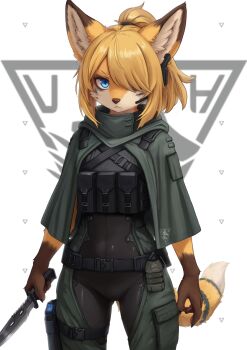 1girl :&lt; animal_ears animal_nose belt black_bodysuit blue_eyes bodysuit capelet chest_rig claws combat_knife commentary cowboy_shot english_commentary erishu_(sinelesh) fox_ears fox_girl fox_tail furry furry_female hair_over_one_eye highres holding holding_knife knife looking_at_viewer original ponytail pouch serious solo tactical_clothes tail weapon