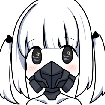 1girl blue_archive blush chibi chibi_only colored_skin ein_(blue_archive) hiyoko_monaka loading_screen looking_at_viewer mask microsoft_windows portrait respirator simple_background solo twintails white_background white_hair white_skin windows_xp