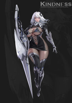 1girl absurdres black_bra black_dress black_thighhighs bodystocking bra breasts character_name cleavage commentary_request dress full_body highres holding holding_weapon hui_z_jie large_breasts looking_at_viewer mechanical_arms medium_hair microdress original simple_background solo thighhighs torn_bodystocking torn_clothes underwear weapon white_eyes white_hair zettai_ryouiki