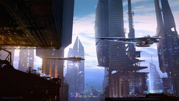 1other artist_name building city city_lights cityscape cloud cloudy_sky commentary dated english_commentary from_behind highres industrial_pipe original outdoors painterly raphael-lacoste scenery science_fiction sky spacecraft tower
