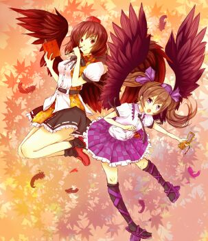 Rule 34 | 2girls, bird wings, black bow, black bowtie, black necktie, black socks, bow, bowtie, cellphone, checkered clothes, checkered skirt, closed mouth, commentary request, feathered wings, flip phone, frilled skirt, frills, full body, geta, gumi (fwjn7284), hat, highres, himekaidou hatate, holding, holding notebook, holding pen, holding phone, kneehighs, leaf, looking at viewer, maple leaf, multiple girls, necktie, notebook, open mouth, pen, phone, puffy short sleeves, puffy sleeves, purple hat, purple sandals, red hat, red shoes, ribbon-trimmed skirt, ribbon trim, sandals, shameimaru aya, shirt, shoes, short sleeves, skirt, smile, socks, tengu-geta, tokin hat, touhou, twintails, white shirt, wings