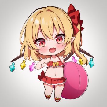 1girl :d alternate_costume ball beachball bikini bikini_skirt blonde_hair blush bow bow_bikini chibi chibi_only commentary_request crystal_wings fang flandre_scarlet footwear_bow full_body hair_bow hair_intakes halterneck hand_up happy highres looking_at_viewer medium_hair navel no_headwear open_mouth pleated_skirt pointy_ears red_bikini red_bow red_sandals red_skirt sandals shirotsuki_shirone side_ponytail sidelocks simple_background skin_fang skirt smile solo standing stomach swimsuit touhou white_background wings yellow_bow