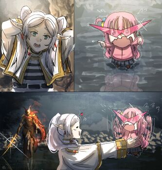 3girls amputee armor bocchi_the_rock! cape capelet chainsaw_man covered_eyes crossover earrings elden_ring elf floating_earrings frieren fromsoftware glasses gold_armor golden_sword gotoh_hitori helmet helmet_over_eyes highres jewelry malenia_blade_of_miquella multiple_girls ononotsu pink_hair pointy_ears prosthesis prosthetic_arm prosthetic_leg red_cape sousou_no_frieren tengen_toppa_gurren_lagann triple_amputee twintails white_capelet winged_helmet