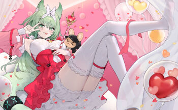 1girl :p animal_ear_fluff animal_ears arknights beruko14 blush breasts closed_mouth commentary detached_sleeves green_eyes green_hair green_tail hair_between_eyes harmonie_(arknights) harmonie_(decoration)_(arknights) heart highres infection_monitor_(arknights) long_hair long_sleeves looking_at_viewer medium_breasts official_alternate_costume pink_sleeves smile solo tail thighhighs tongue tongue_out twitter_username v v_over_eye wand watermark white_thighhighs