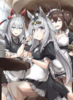 3girls absurdres ahoge alternate_costume animal_ears apron belly big_belly black_dress blue_eyes blush breasts brown_hair cake chair cheek_bulge closed_mouth commentary_request crumbs dress ear_covers ear_ornament eating empty_plate food food_on_face fox_mask glutton grey_hair grey_tail hair_between_eyes hair_ornament hairband highres holding holding_plate horse_ears horse_girl horse_tail inari_one_(umamusume) indoors large_breasts long_hair maid maid_apron maid_headdress mask mask_on_head multicolored_hair multiple_girls nagisa_(imizogami) oguri_cap_(umamusume) on_chair open_mouth plate plate_stack puffy_short_sleeves puffy_sleeves purple_eyes short_sleeves sitting squinting sweatdrop table tail tamamo_cross_(umamusume) twintails umamusume umamusume:_cinderella_gray very_long_hair white_apron white_headdress white_wrist_cuffs wrist_cuffs