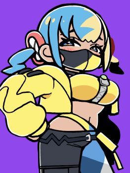 1girl aqua_hair bandeau belt bkub black_belt black_pants blonde_hair blue_eyes blue_pants breasts canari_(pokemon) colored_tips cowboy_shot cropped_jacket dark_skin front_zipper hand_on_own_hip highres jacket light_blush looking_to_the_side mask medium_breasts mouth_mask multicolored_eyes multicolored_hair multicolored_pants navel nintendo pants pokemon pokemon_legends:_z-a purple_background raised_inner_eyebrows short_twintails split-color_hair striped_blush twintails two-tone_hair yellow_bandeau yellow_eyes yellow_jacket