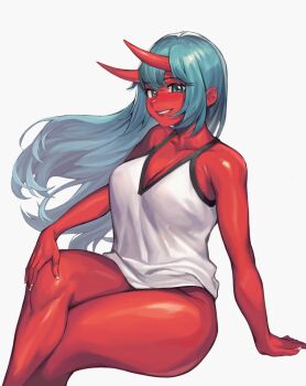 Rule 34 | 1girl, arm support, blue eyes, blue hair, bottomless, breasts, cinko, cleavage, closed mouth, collarbone, colored skin, commentary request, crossed legs, feet out of frame, fingernails, floating hair, hand on own knee, horns, large breasts, long hair, looking at viewer, monster girl, oni, original, red skin, shirt, simple background, sitting, smile, solo, thighs, white background, white shirt