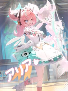 Rule 34 | 1girl, :d, aqua streaks, aria (zenless zone zero), blue eyes, bow (weapon), center frills, commentary, crossed bangs, dress, frills, hair between eyes, hair intakes, highres, holding, holding bow (weapon), holding weapon, humanoid robot, mechanical ears, multicolored hair, one eye closed, open mouth, pink hair, pink socks, pointing, pointing at viewer, ririn9730, robot, robot girl, smile, socks, streaked hair, untranslatable commentary, weapon, white dress, white wings, wings, zenless zone zero