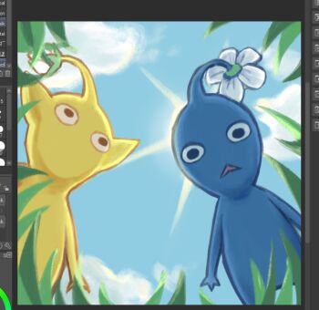 art_program_in_frame black_eyes blue_pikmin blue_skin blue_sky bud cloud colored_skin commentary creature creature_focus day english_commentary flower from_behind grass looking_ahead looking_at_viewer nintendo no_humans no_mouth nxnjakat outdoors pikmin_(creature) pikmin_(series) pointy_ears procreate_(medium) procreate_(software) sky standing triangle_mouth white_flower yellow_pikmin yellow_skin