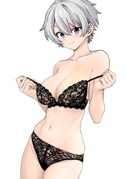 1girl absurdres black_bra black_panties blue_eyes blush bra bra_pull breasts cleavage closed_mouth clothes_pull collarbone grey_hair highres kuroki_yuushin lace lace_bra lace_panties large_breasts navel original panties short_hair smile solo standing stomach thighs underwear undressing