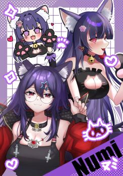 Rule 34 | 1girl, akuma nihmune, animal ears, animal hands, bell, breasts, cat cutout, cat ears, cat girl, cleavage, cleavage cutout, clothing cutout, facial mark, ghee art, glasses, gloves, heart, heart-shaped pupils, heart facial mark, highres, indie virtual youtuber, jacket, jewelry, jingle bell, large breasts, long hair, looking at viewer, necklace, paw gloves, purple hair, red jacket, symbol-shaped pupils, virtual youtuber