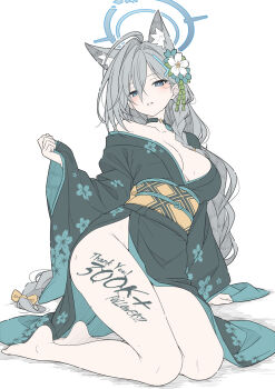 1girl animal_ear_fluff animal_ears black_choker black_kimono blue_archive blush body_writing breasts broken_halo choker cleavage collarbone commentary_request floral_print floral_print_kimono flower full_body grey_eyes grey_hair grey_halo hair_between_eyes hair_flower hair_ornament halo hand_up highres japanese_clothes kimono kneeling large_breasts long_hair looking_at_viewer obi parted_lips print_kimono sash shiroko_terror_(blue_archive) simple_background single_off_shoulder solo t1kosewad thank_you very_long_hair white_background white_flower wolf_ears
